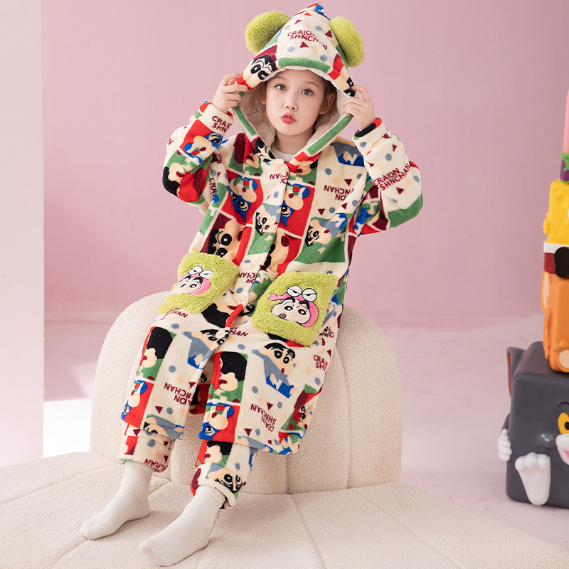 女童开衫珊瑚绒加厚长款睡袍秋冬季连帽蜡笔小新法兰绒家居服套装