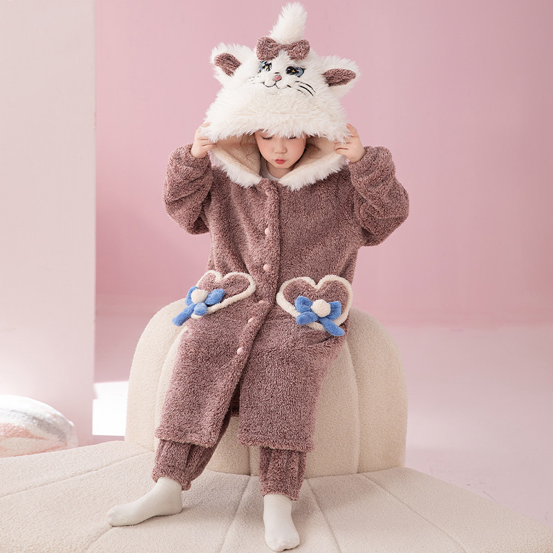秋冬季女童开衫珊瑚绒加厚长款睡袍连帽卡通小猫法兰绒家居服套装