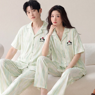 百分百纯棉短袖开衫情侣睡衣三件套短裤卡通女男士长裤全棉家居服