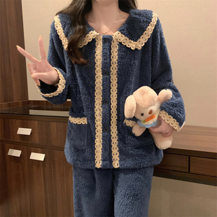 秋冬季珊瑚绒开衫睡衣女士加绒加厚保暖休闲时尚可外穿家居服套装