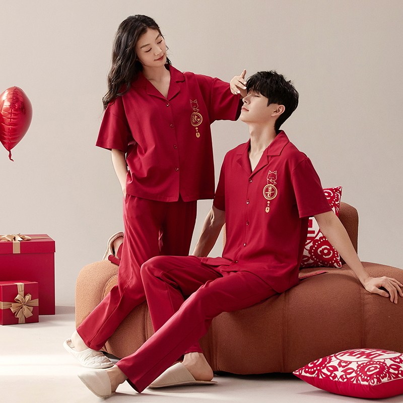 夏季纯棉红色开衫情侣睡衣新婚短袖长裤套装本命年男女龙年家居服