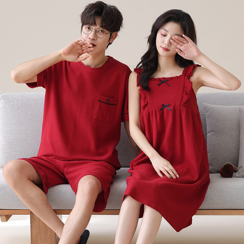 纯棉情侣红色短袖睡衣夏季新婚吊带中长款睡裙女短裤简约男家居服