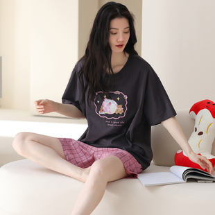 百分百纯棉带胸垫短袖短裤睡衣女夏季卡通时尚新款全棉家居服套装