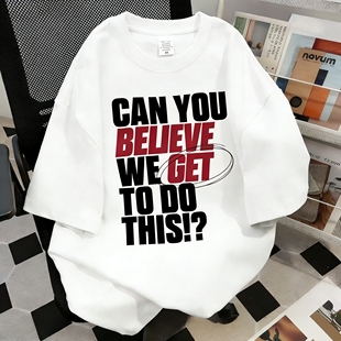 男女款 t恤大码 上衣 复古黑色字母印花纯棉圆领短袖 260g宽松美式