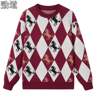 过年红男士菱形格马图案针织衫2025冬季新款本命年圆领暖毛衣复古