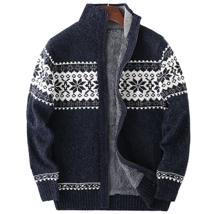 毛衣男开衫宽松休闲雪花图案拉链外套加厚加绒羊羔毛立领针织线衫