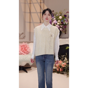 CHARFEN米色钉珠花朵百搭叠穿圆领针织毛衣背心女CFE3C351 3109C