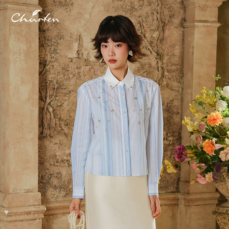 Charfen朝峰春新款女气质学院风刺绣衬衫翻领纽扣条纹上衣9029T
