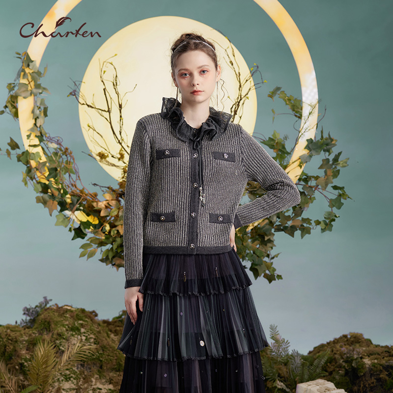 轻奢气质花边领针织开衫上衣女