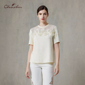 CHARFEN法式 3089B 女显瘦百搭上衣CFF1D381 风蕾丝拼接短袖 针织衫