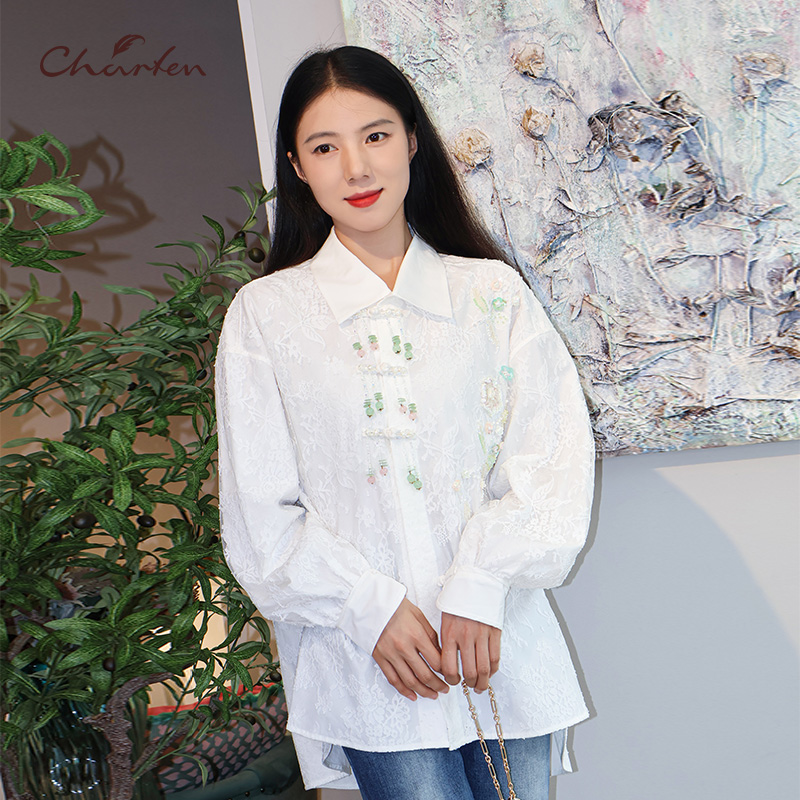 CHARFEN春季新款时尚百搭显瘦重工钉珠亮片衬衫女CFE3G093-0106T