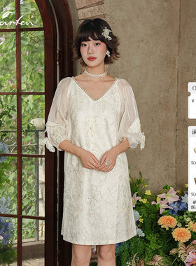 朝峰夏季新中式宫廷灯笼袖连衣裙