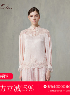 CHARFEN2025春季新款缎面高级感蕾丝拼接衬衫上衣CFF1A056-0068T