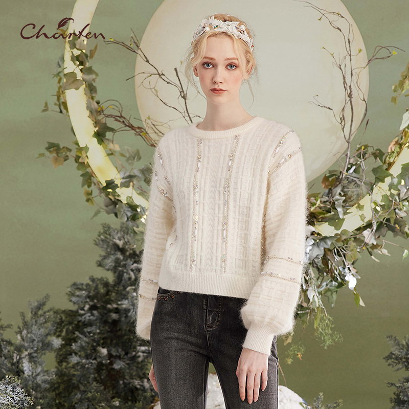 优雅套头百搭灯笼袖毛针织上衣女