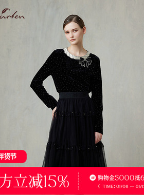 CHARFEN淑女风黑色波点蝴蝶结针织衫显瘦优雅上衣CFF1A508-5008B