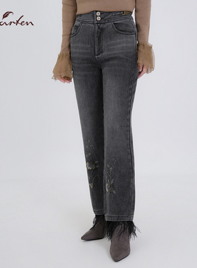 CHARFEN高腰显瘦黑色羽毛加绒直筒裤女休闲长裤CFE5D905-9161P