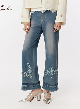 CHARFEN高腰喇叭裤重工花卉钉珠显瘦复古牛仔长裤CFF3C335-3062P