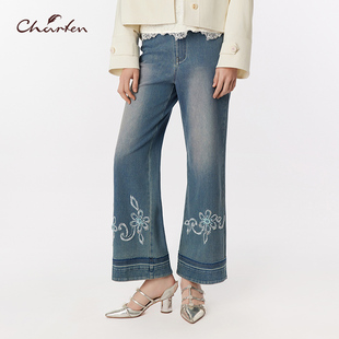 3062P CFF3C335 CHARFEN高腰喇叭裤 重工花卉钉珠显瘦复古牛仔长裤