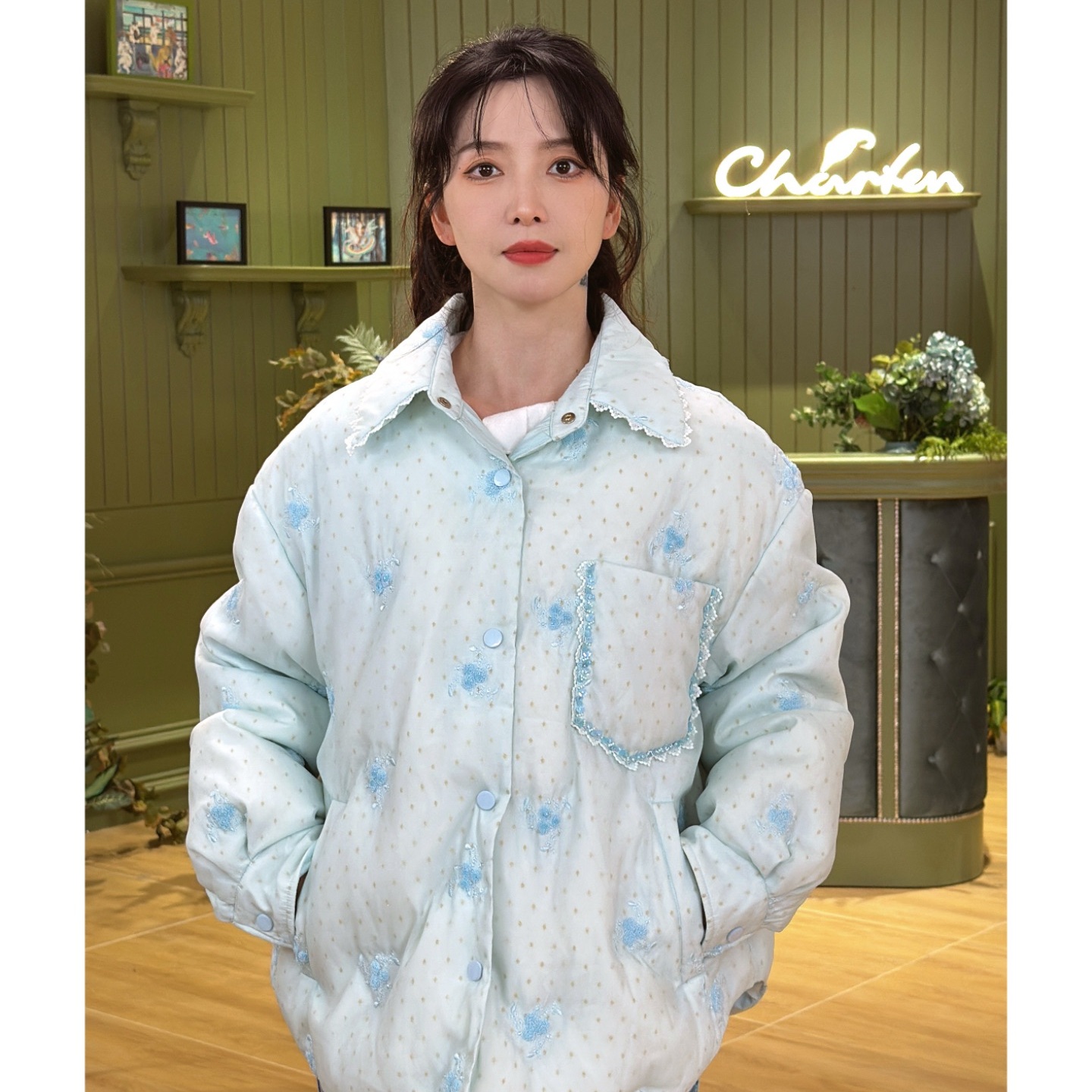 CHARFEN衬衫翻领羽绒服短款