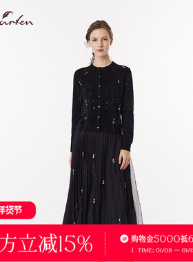 CHARFEN法式优雅圆领针织开衫女黑色千金感设计感CFF3B022-0075C