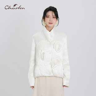 CHARFEN白色立领重工花朵装饰短款羽绒服时尚保暖CFF5F125-1013Y