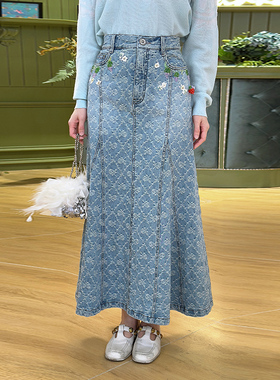 CHARFEN牛仔风重工刺绣花卉半身裙女高腰A字裙显瘦CFF5A953-9067S