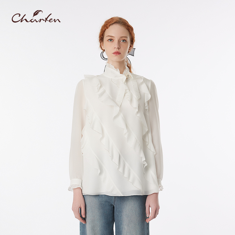 复古荷叶边白色衬衫长袖立领