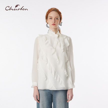 CHARFEN复古荷叶边白色衬衫长袖立领褶皱华丽上衣CFF3D352-3078T