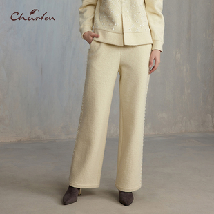 女CFE5E313 重工钉珠软糯牛奶黄阔腿休闲裤 3020D 新款 CHARFEN冬季