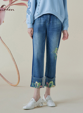 CHARFEN中国风刺绣牛仔裤直筒显瘦翻边设计感裤子CFE1B308-3012P