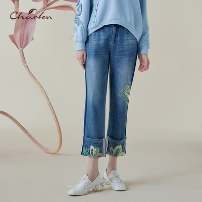 CHARFEN中国风刺绣显瘦牛仔裤