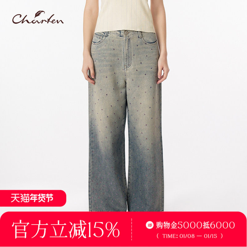 CHARFEN复古高腰阔腿做旧渐变烫钻直筒长裤牛仔裤CFF3A807-8006P,女装/女士精品,牛仔裤,淘宝优惠券,粉丝福利购,淘宝优惠卷