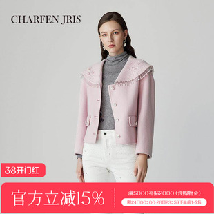 CHARFENJRIS朝峰2025春季新款大翻领短外套时髦毛领双排扣短大衣
