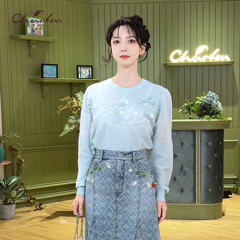 CHARFEN法式长刺绣圆领针织衫