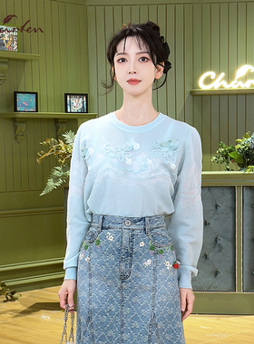 CHARFEN法式温柔圆领长刺绣针织衫气质高级感毛衣CFF5H116-1128C