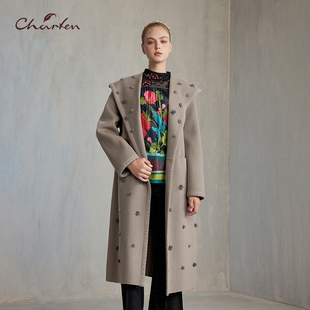 CHARFEN轻奢优雅风重工钉珠绵羊毛毛呢大衣女长款 0038V CFE5F029