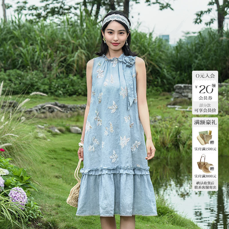 Charfen朝峰26夏新款女夏日花园风无袖刺绣连衣裙荷叶边气质9533G