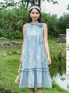 朝峰夏日花园风无袖刺绣连衣裙