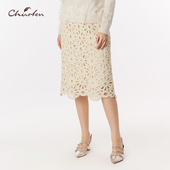 CHARFEN优雅气质蕾丝半身裙高腰过膝镂空花边中裙CFF3C116 1035E