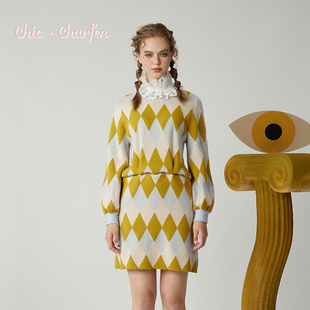 CHARFEN复古菱格纹针织连衣裙秋冬显瘦气质毛衣裙CFE5H566 5079K