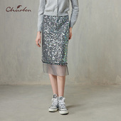 CHARFEN华丽风亮片拼接半身裙中长款 设计感百搭裙CFF1B513 5013E