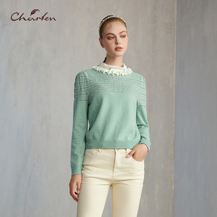 CFE5D100 甜美减龄蕾丝拼接针织套头衫 1006C 新款 CHARFEN冬季