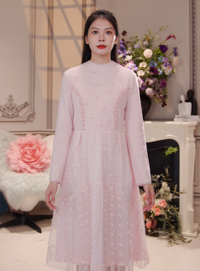 CHARFEN朝峰淑女风粉色蕾丝针织连衣裙女甜美优雅CFF5D107-1081G