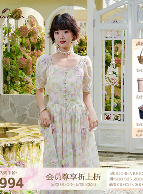 Charfen裙子女2026新款夏季碎花法式连衣裙梦幻泡泡袖田园风9106G