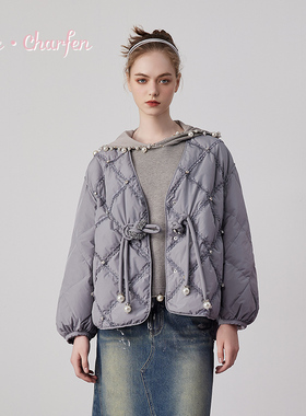 CHARFEN2024冬季新款重工钉珠菱形格羽绒服女CFE3B560-5081Y
