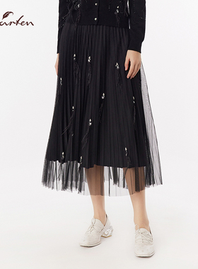 CHARFEN雅风黑色网纱半身裙女中长款A字裙气质伞裙CFF3B018-0026E