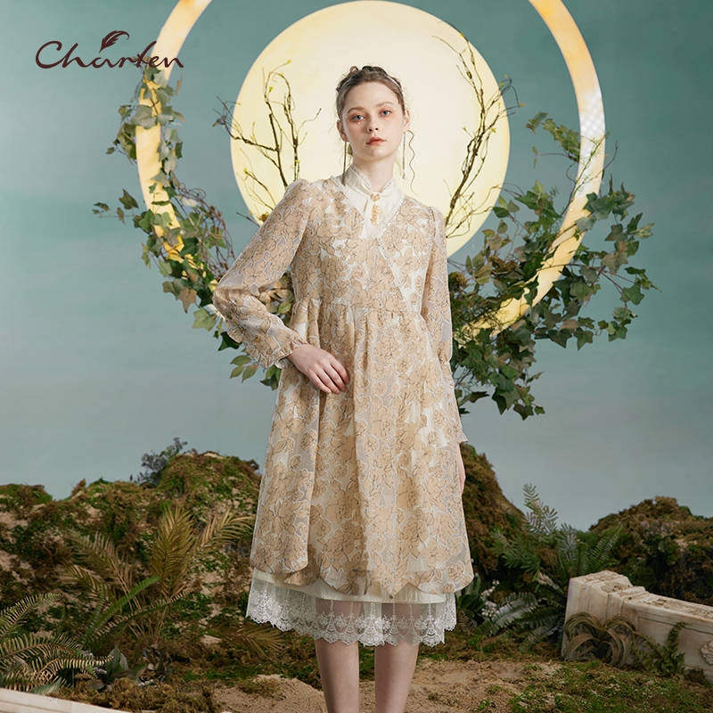 复古气质优雅圆领A字连衣裙女