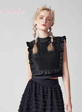 CHARFEN轻熟优雅风黑色小飞袖荷叶边衬衫复古上衣CFE3A203-2003T
