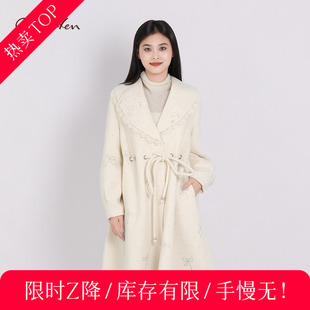 CHARFEN温柔风白色绵羊毛大衣女中长款气质外套CFE5D100-1099V