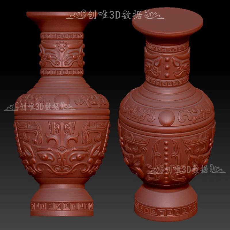 三维立体图圆雕图图纸stl文件饕餮仿古兽面纹花瓶瓶子3d模型2485